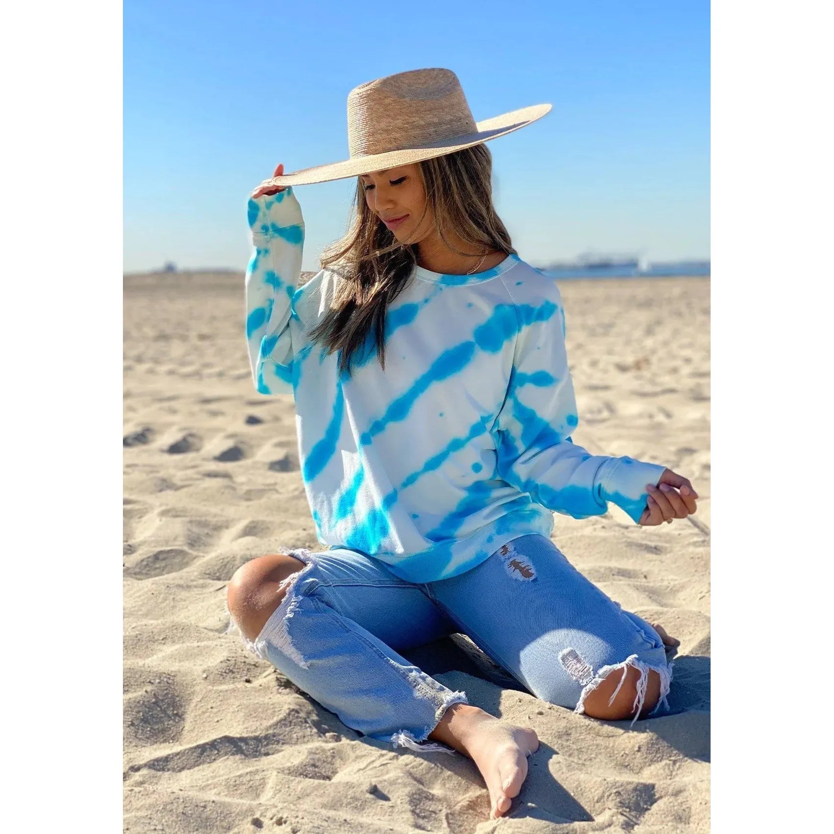 Addie Soft Tie Dye Sky Blue Lovestitch Crewneck Sweatshirt-SALE