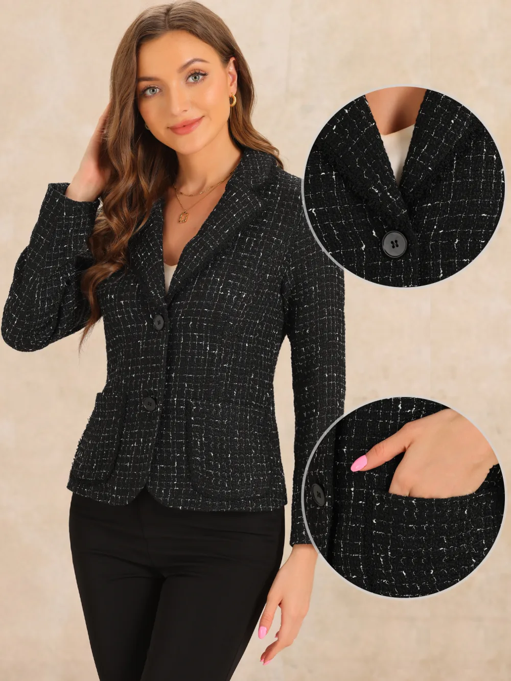 Allegra K- Plaid Tweed Notch Lapel Blazer Jackets