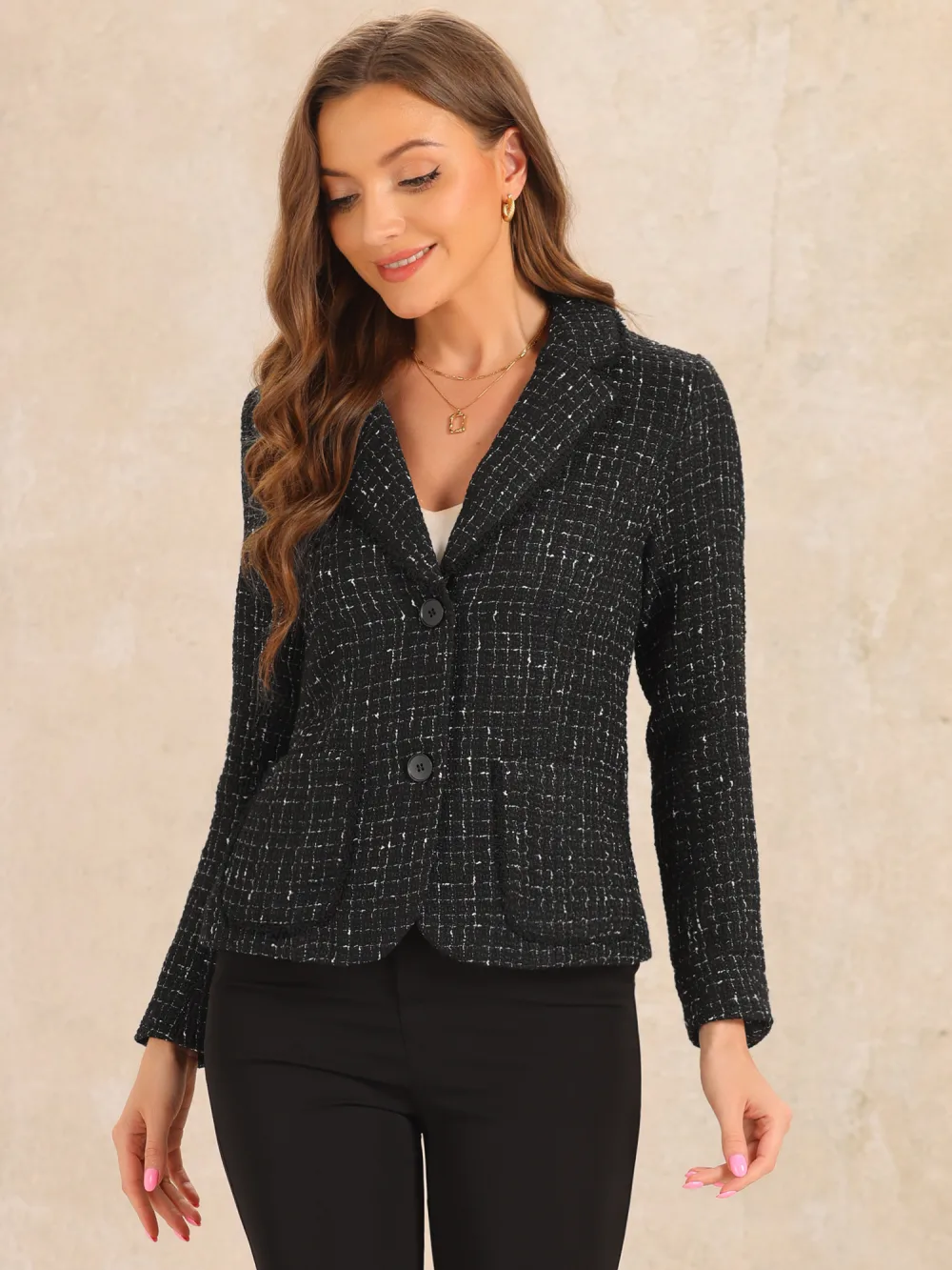 Allegra K- Plaid Tweed Notch Lapel Blazer Jackets