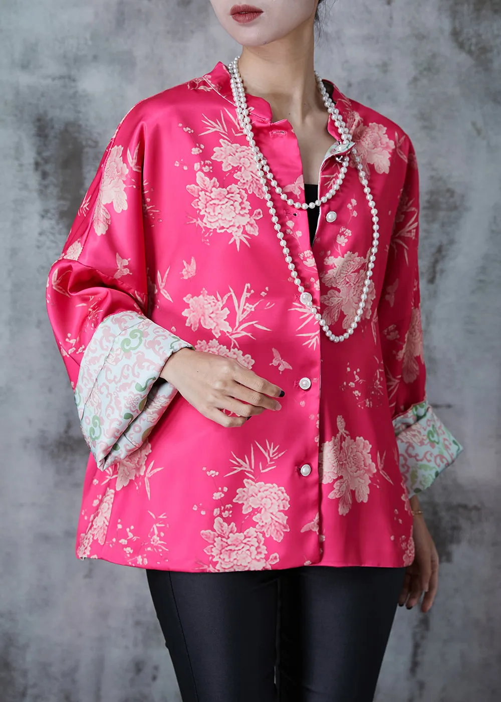 Art Rose Oversized Print Silk Wear On Both Sides Jackets Spring