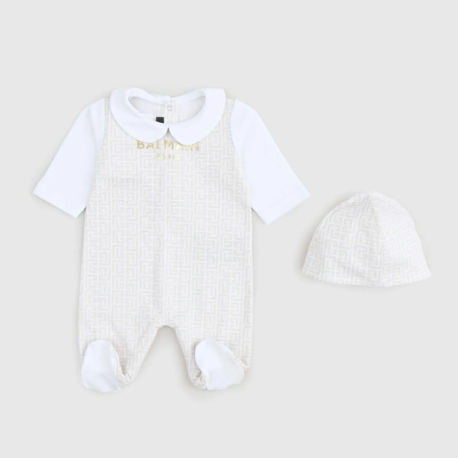 Balmain Beige White Hat Bodysuit Set For Newborns