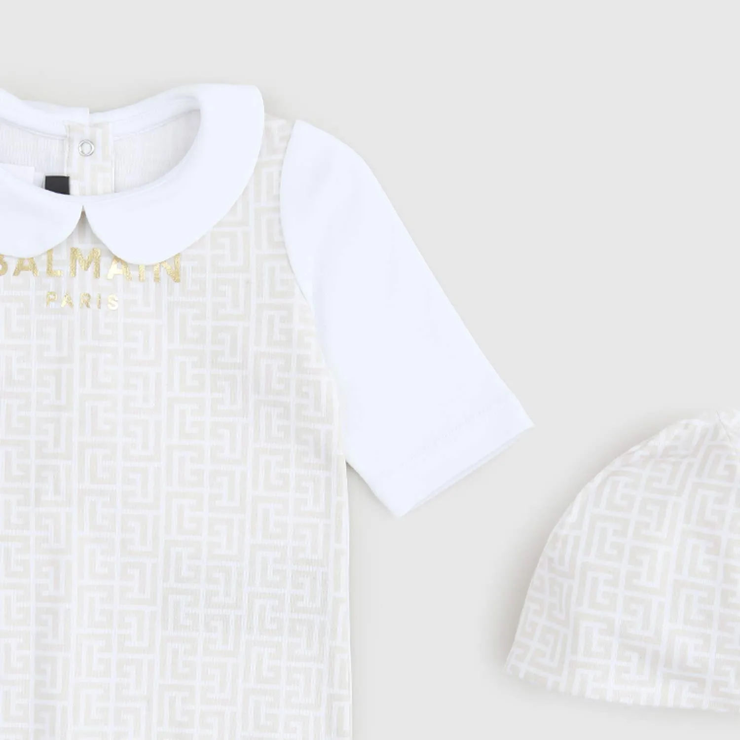 Balmain Beige White Hat Bodysuit Set For Newborns