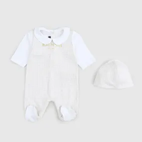 Balmain Beige White Hat Bodysuit Set For Newborns