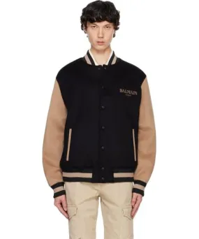 Balmain Black & Tan Two-Tone Varsity Bomber Jacket