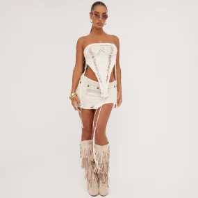 Bandeau Distressed Ladder Detail Pointed Hem Corset Top And Split Leg Mini Skirt Co-Ord Set In Cream Knit