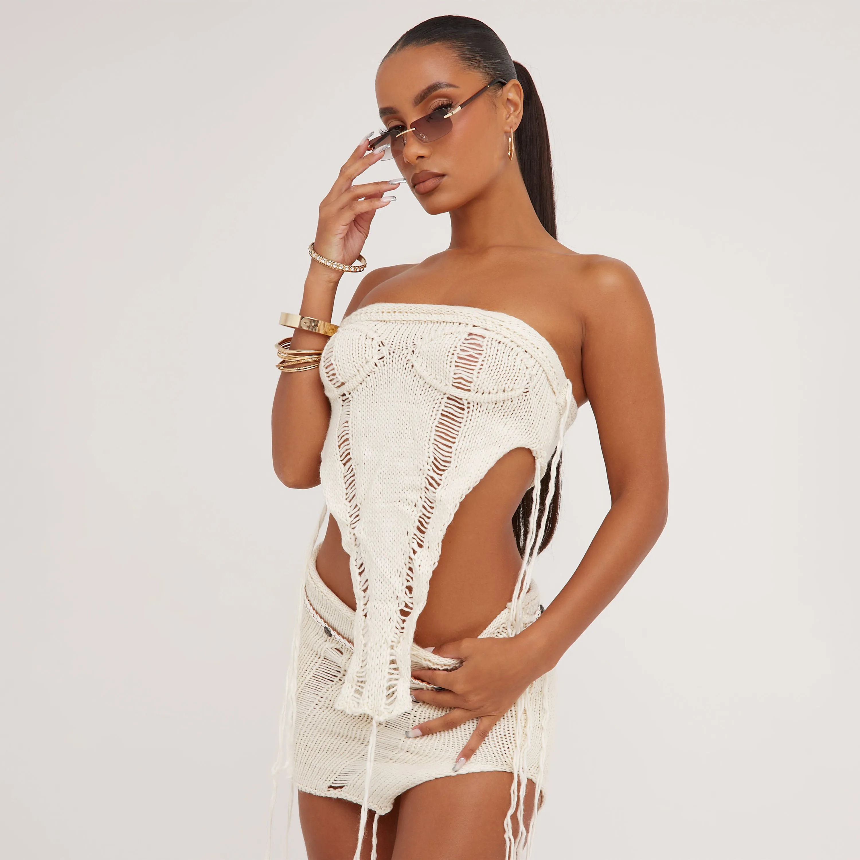 Bandeau Distressed Ladder Detail Pointed Hem Corset Top And Split Leg Mini Skirt Co-Ord Set In Cream Knit