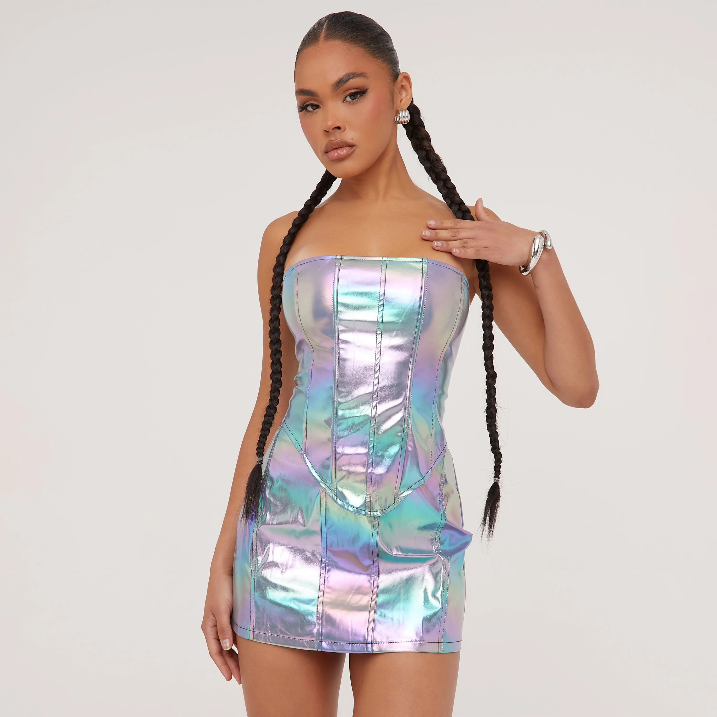 Bandeau Structured Detail Curved Hem Lace Up Back Corset Top In Blue Holographic