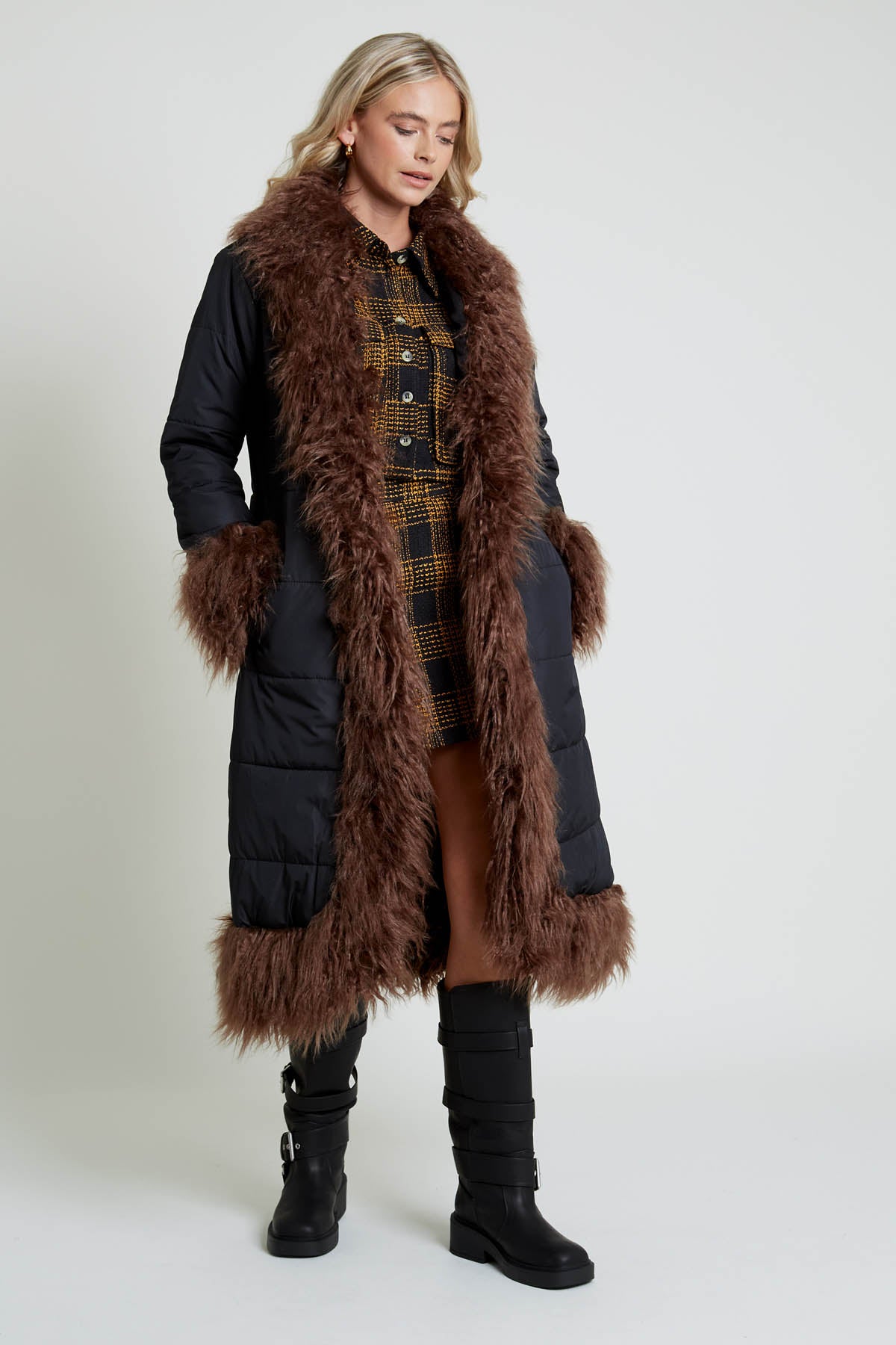 BLAKELEY LONGLINE COCOON PUFFER WITH FAUX FUR TRIM