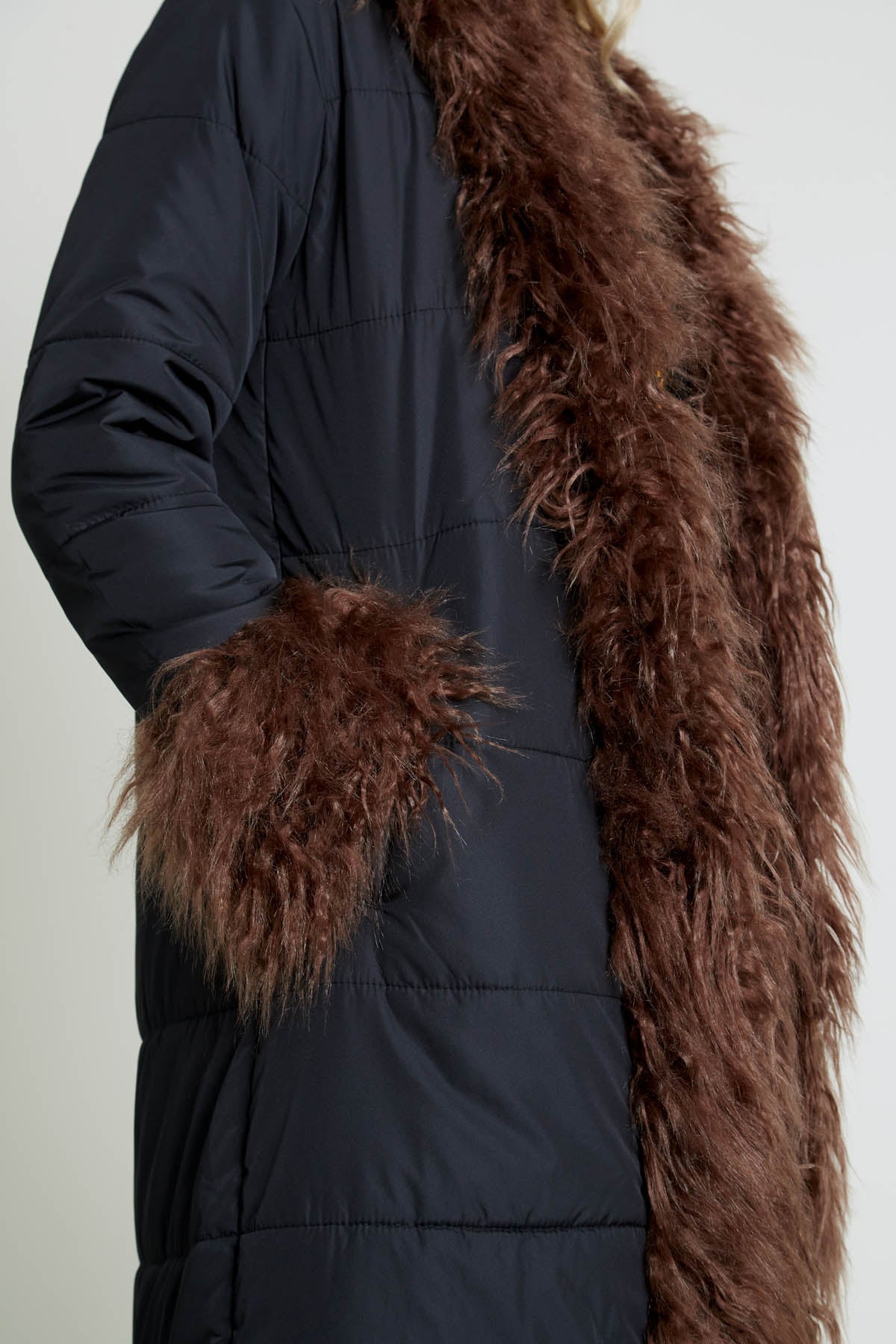 BLAKELEY LONGLINE COCOON PUFFER WITH FAUX FUR TRIM