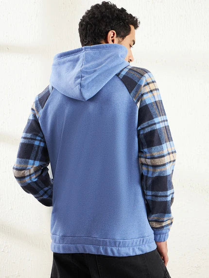 blue melange plaid raglan hoodie