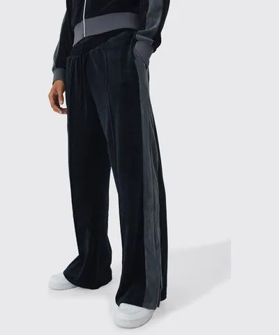 boohoo Mens Wide Leg Velour Split Hem Sweatpant