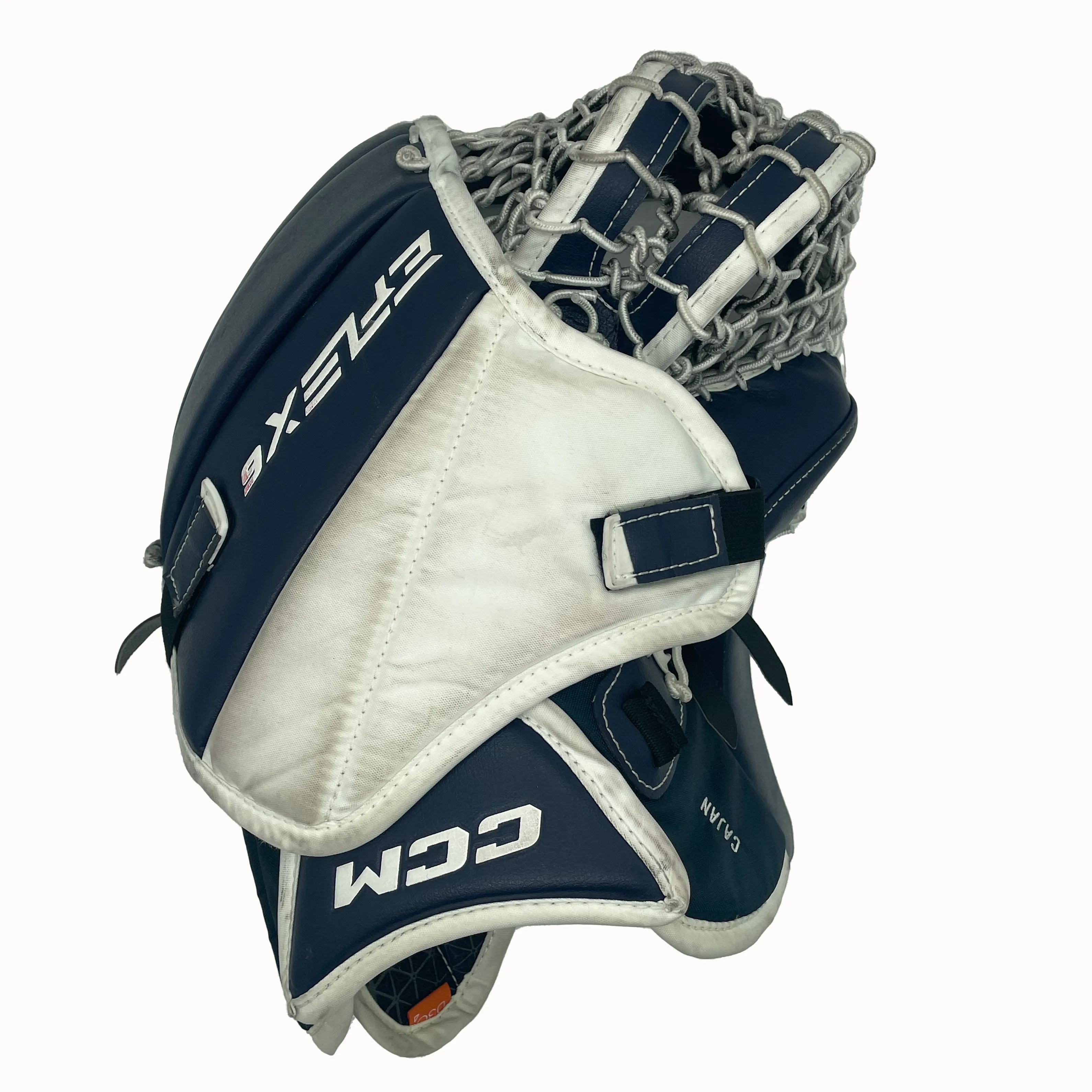 CCM Extreme Flex 6 - Used Pro Stock Goalie Glove (White/Blue) - Columbus Blue Jackets