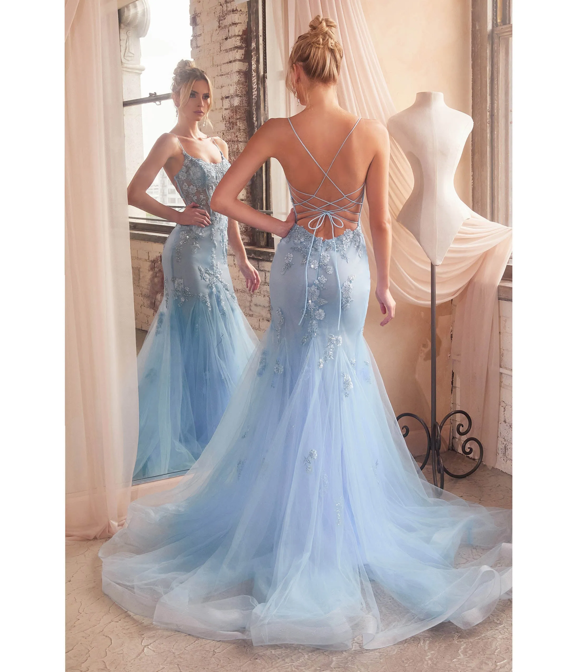 Cinderella Divine  Light Blue Floral & Beaded Corset Mermaid Gown