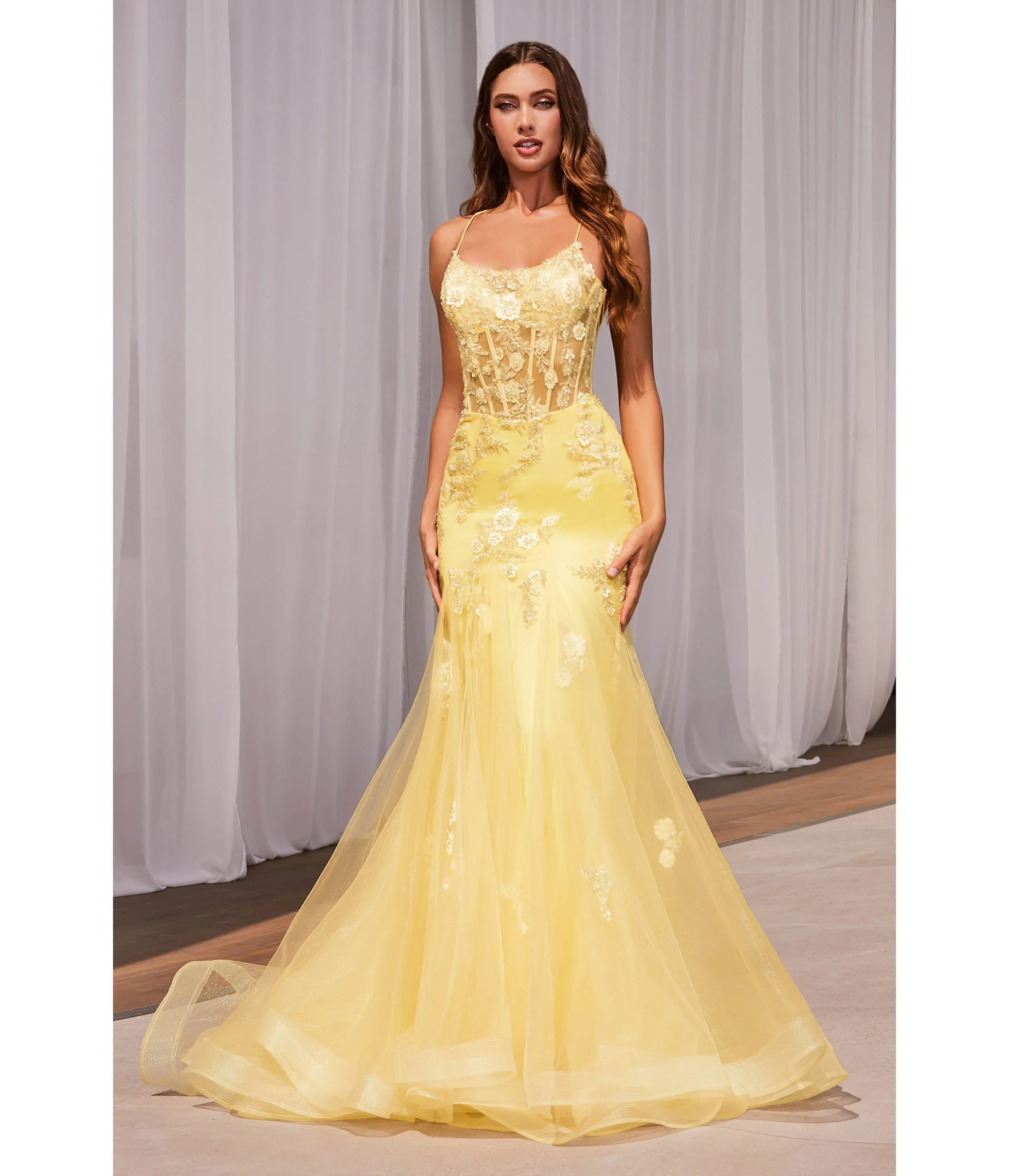 Cinderella Divine  Yellow Floral & Beaded Corset Mermaid Gown