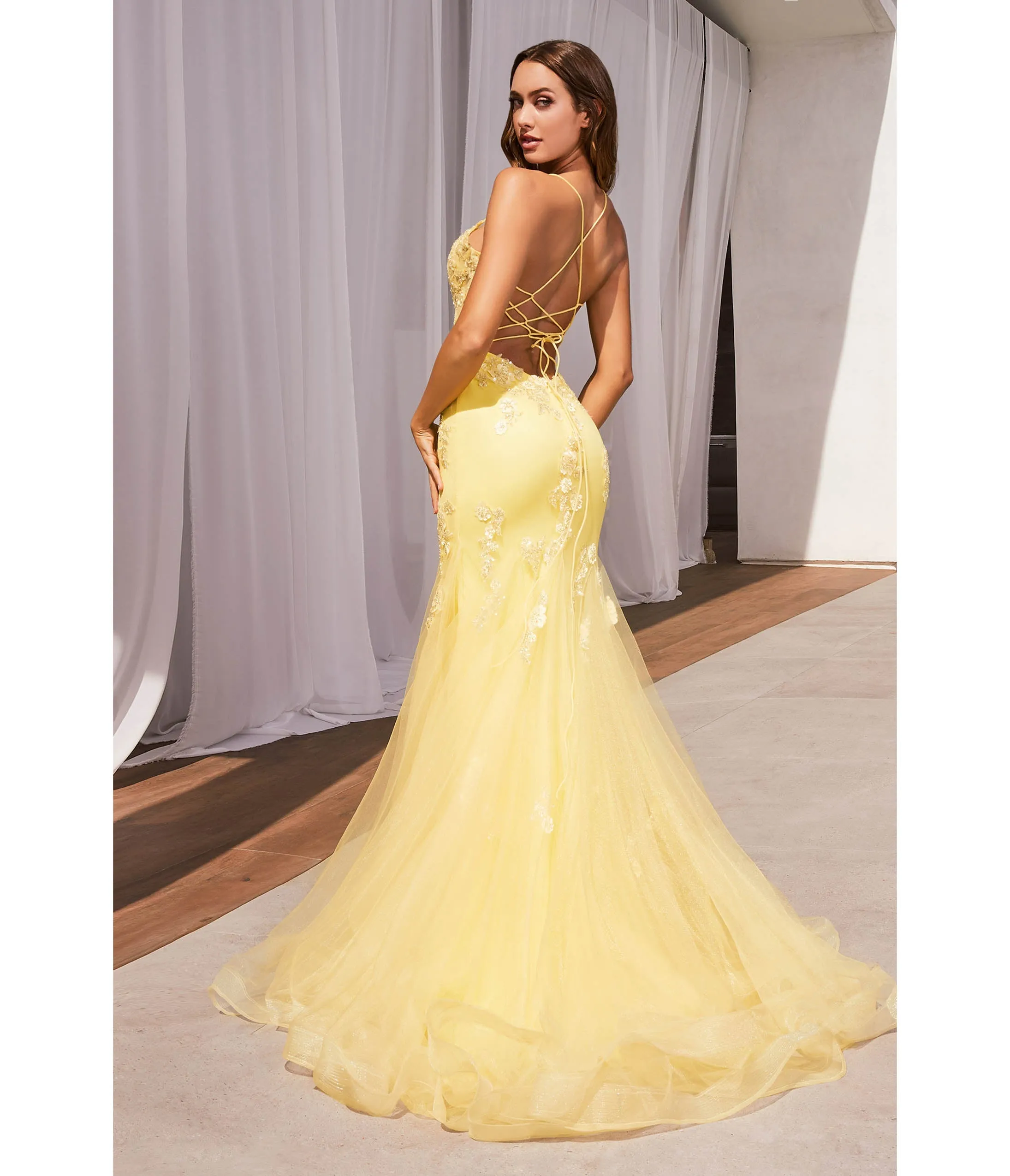 Cinderella Divine  Yellow Floral & Beaded Corset Mermaid Gown