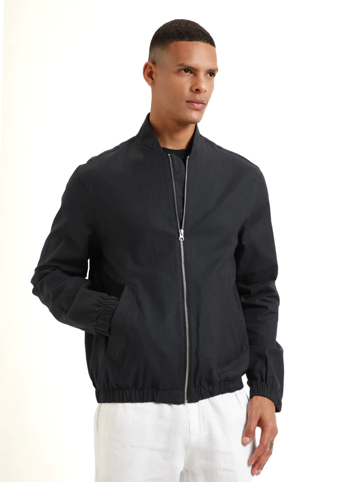 dark navy blue dapper cotton linen zipper jackets