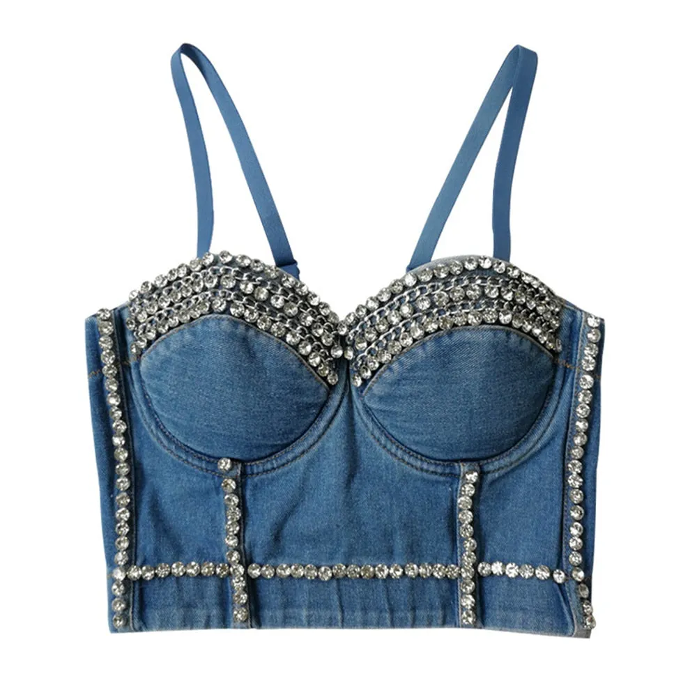 Denim Crop Top Built in Bra Women Rhinestone Chain Corset Cropped Sexy Ladies Nightclub Party  Push Up Chest