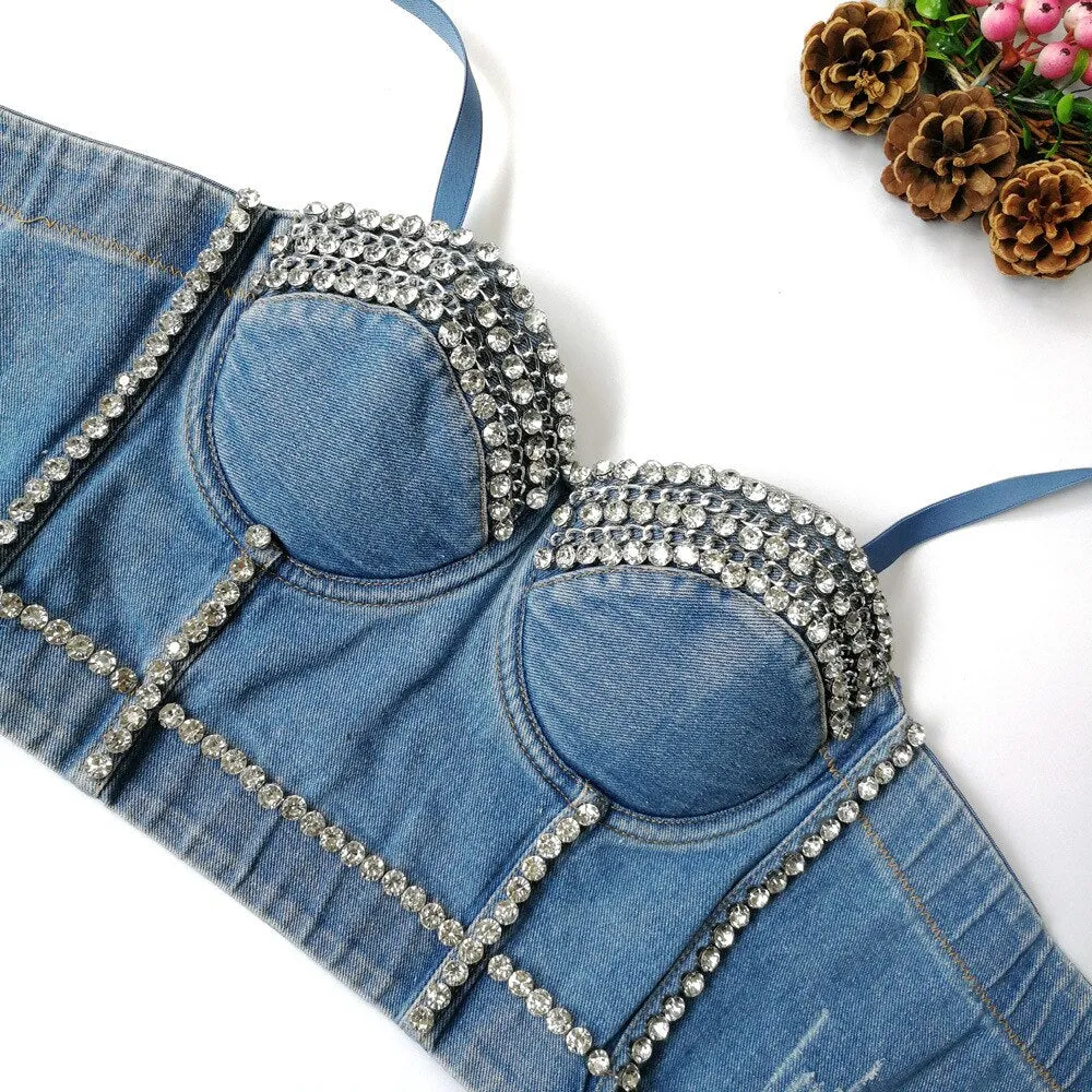 Denim Crop Top Built in Bra Women Rhinestone Chain Corset Cropped Sexy Ladies Nightclub Party  Push Up Chest