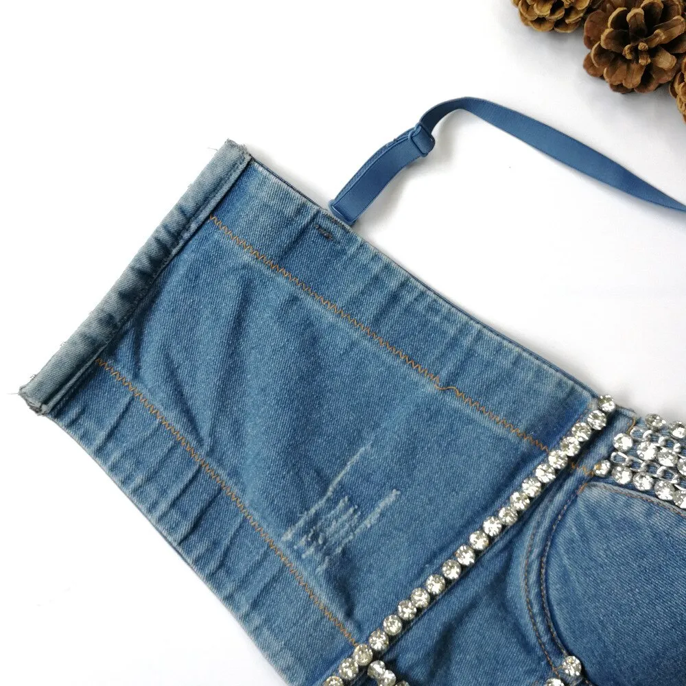 Denim Crop Top Built in Bra Women Rhinestone Chain Corset Cropped Sexy Ladies Nightclub Party  Push Up Chest