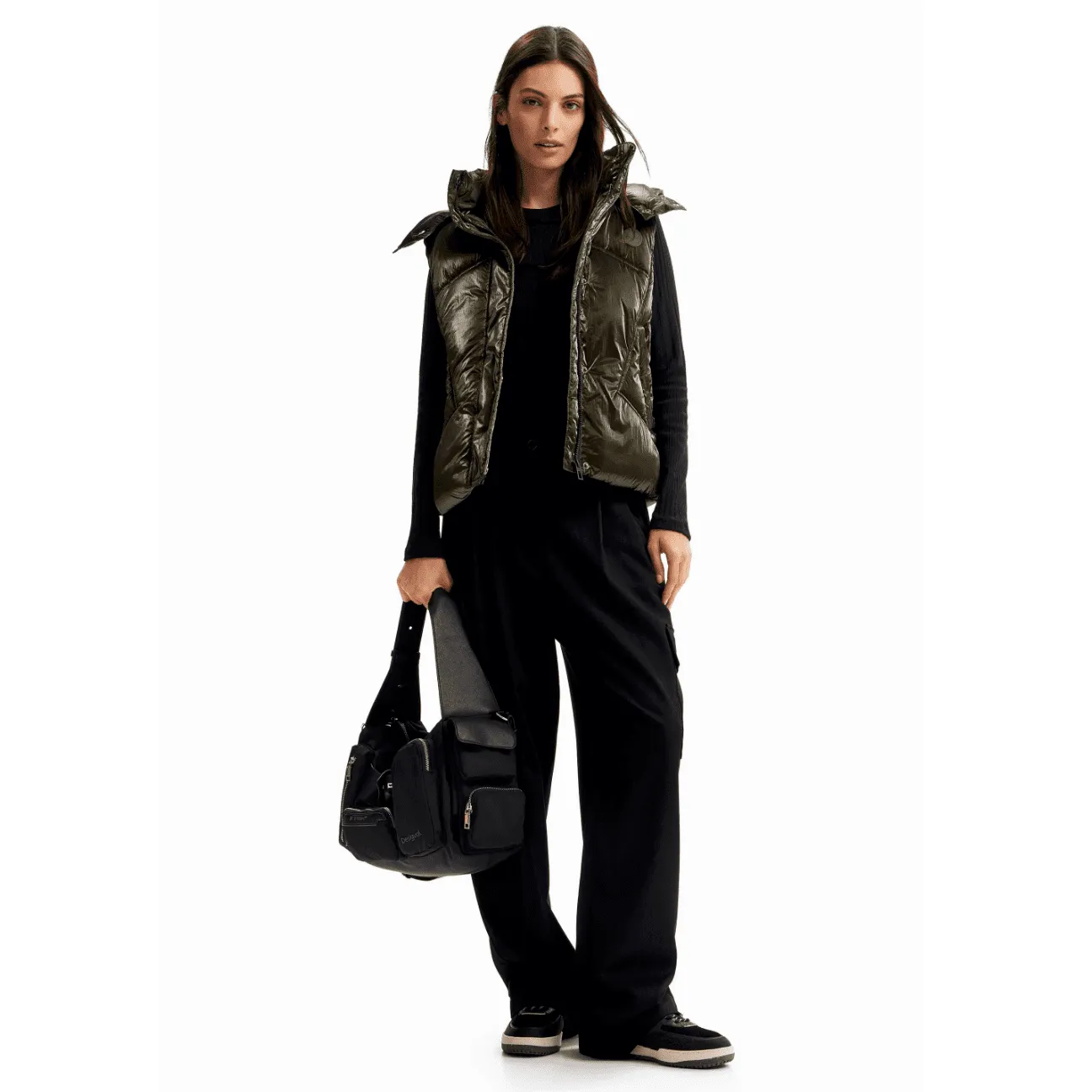 Desigual Iridescent Quilted Sleeveless Puffy Gilet Jacket - Dark Green