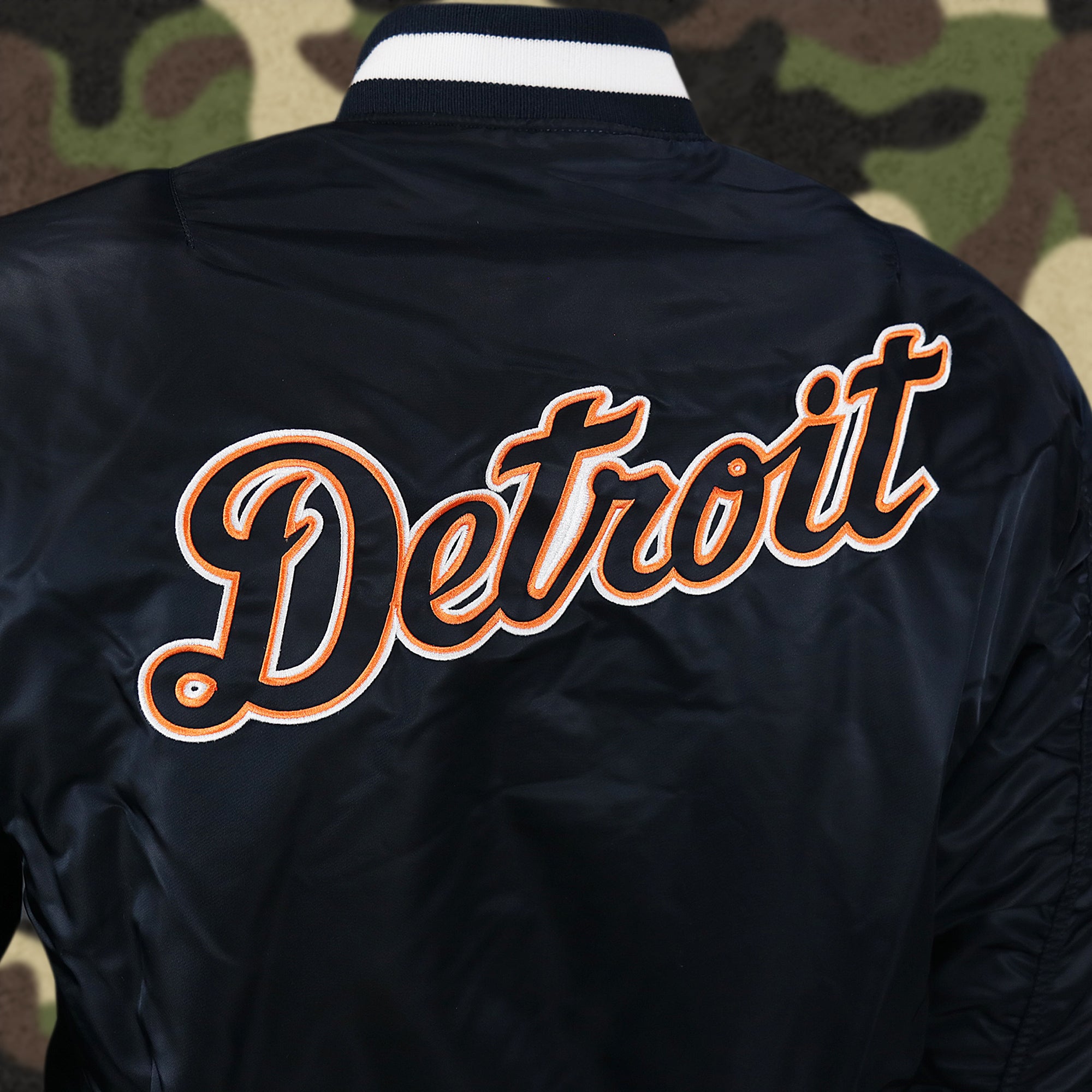 Detroit Tigers MLB Patch Alpha Industries Reversible Bomber Jacket With Camo Liner | Navy Blue Bomber Jacket