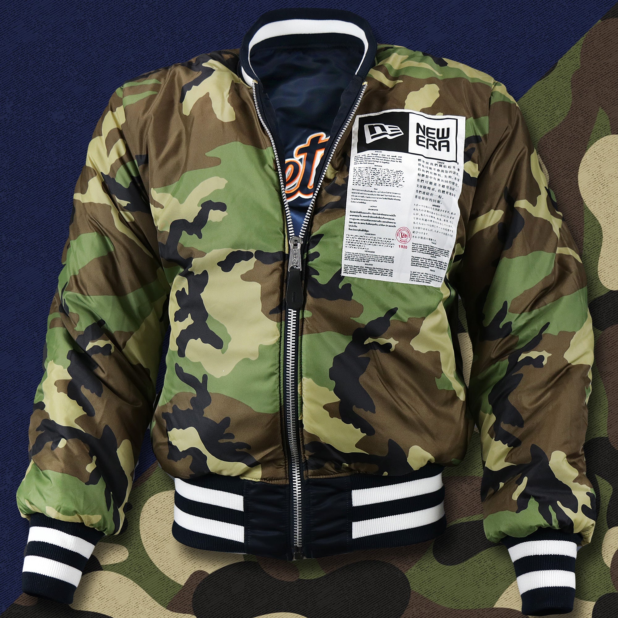 Detroit Tigers MLB Patch Alpha Industries Reversible Bomber Jacket With Camo Liner | Navy Blue Bomber Jacket