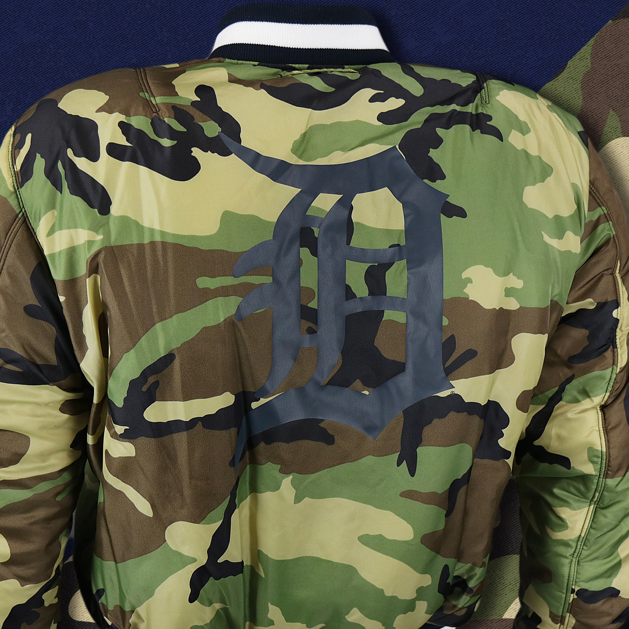 Detroit Tigers MLB Patch Alpha Industries Reversible Bomber Jacket With Camo Liner | Navy Blue Bomber Jacket