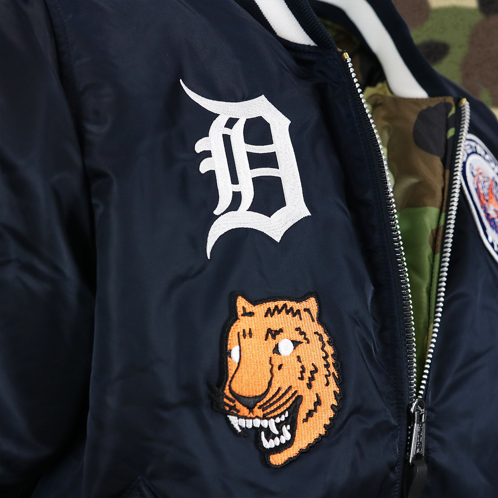 Detroit Tigers MLB Patch Alpha Industries Reversible Bomber Jacket With Camo Liner | Navy Blue Bomber Jacket