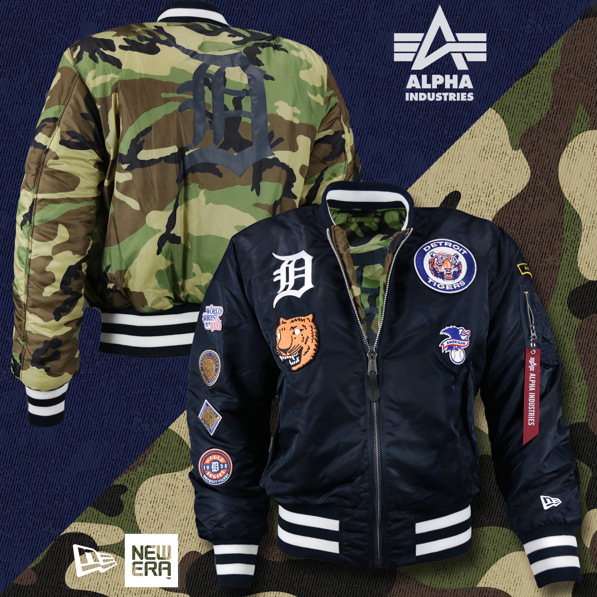 Detroit Tigers MLB Patch Alpha Industries Reversible Bomber Jacket With Camo Liner | Navy Blue Bomber Jacket