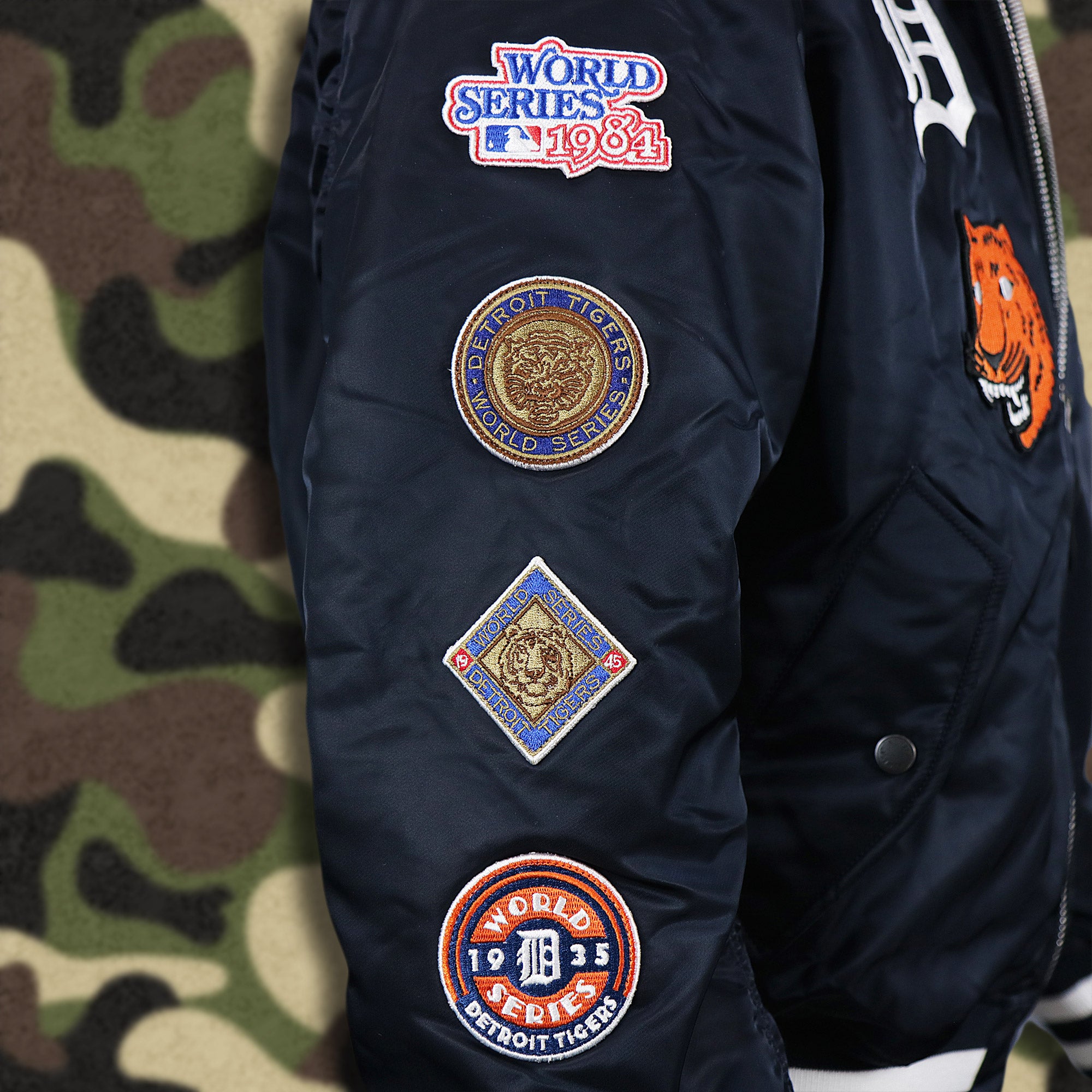 Detroit Tigers MLB Patch Alpha Industries Reversible Bomber Jacket With Camo Liner | Navy Blue Bomber Jacket