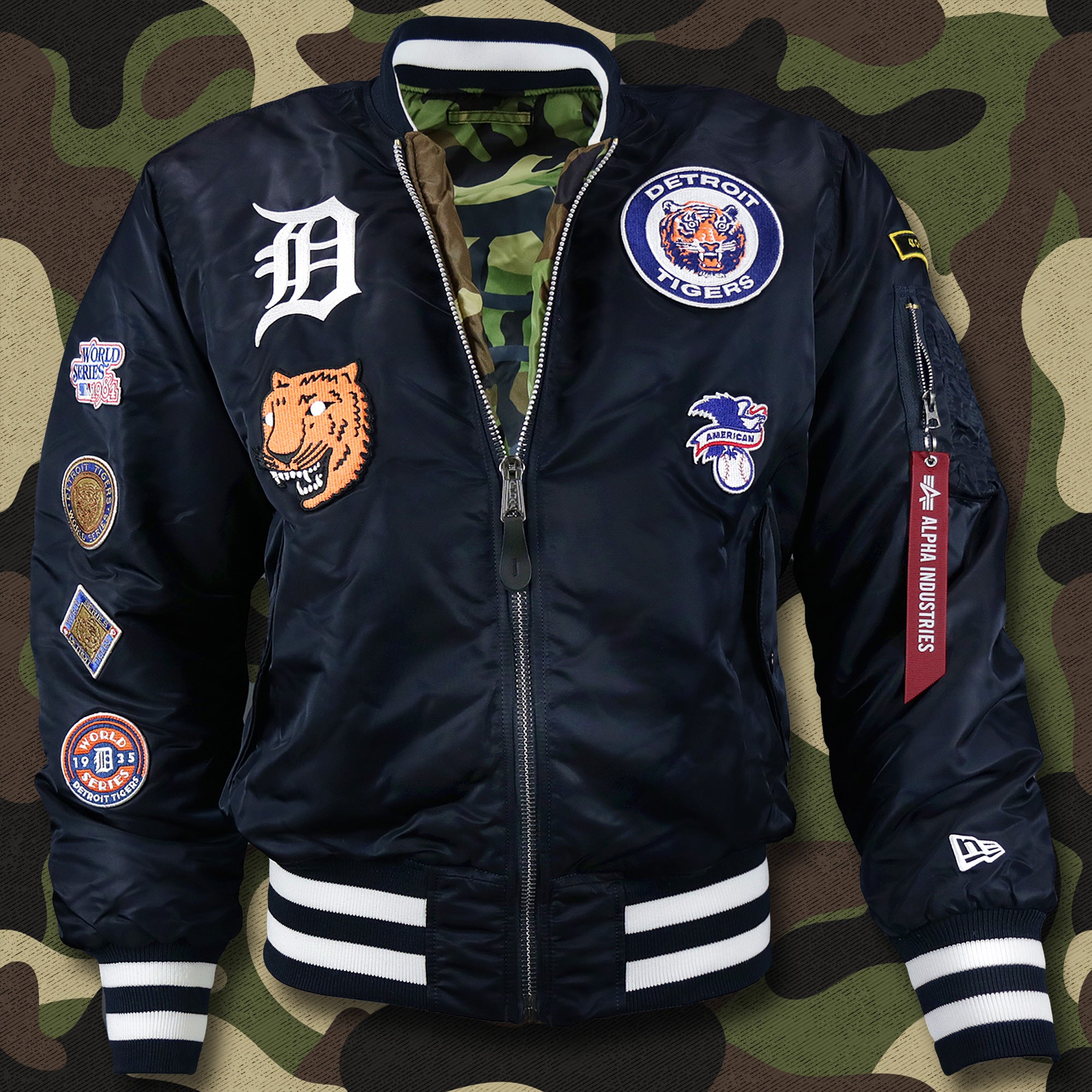 Detroit Tigers MLB Patch Alpha Industries Reversible Bomber Jacket With Camo Liner | Navy Blue Bomber Jacket