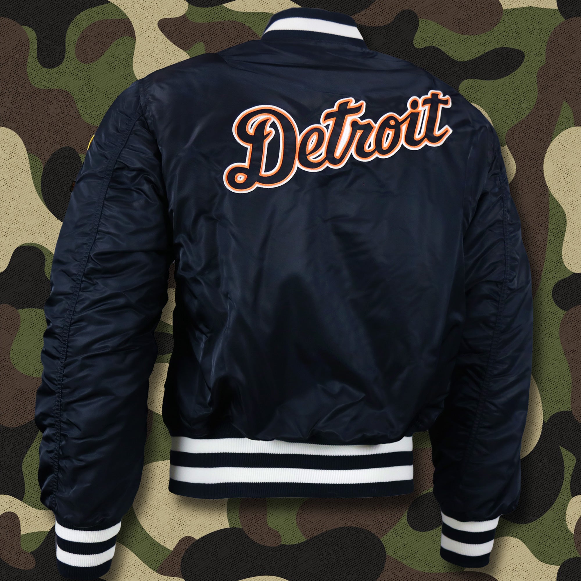 Detroit Tigers MLB Patch Alpha Industries Reversible Bomber Jacket With Camo Liner | Navy Blue Bomber Jacket