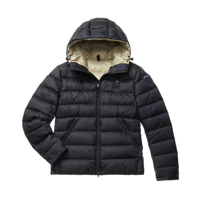 DOWN JACKET WITH HOOD IN RAMON FEATHER Man Blu Notte Intenso