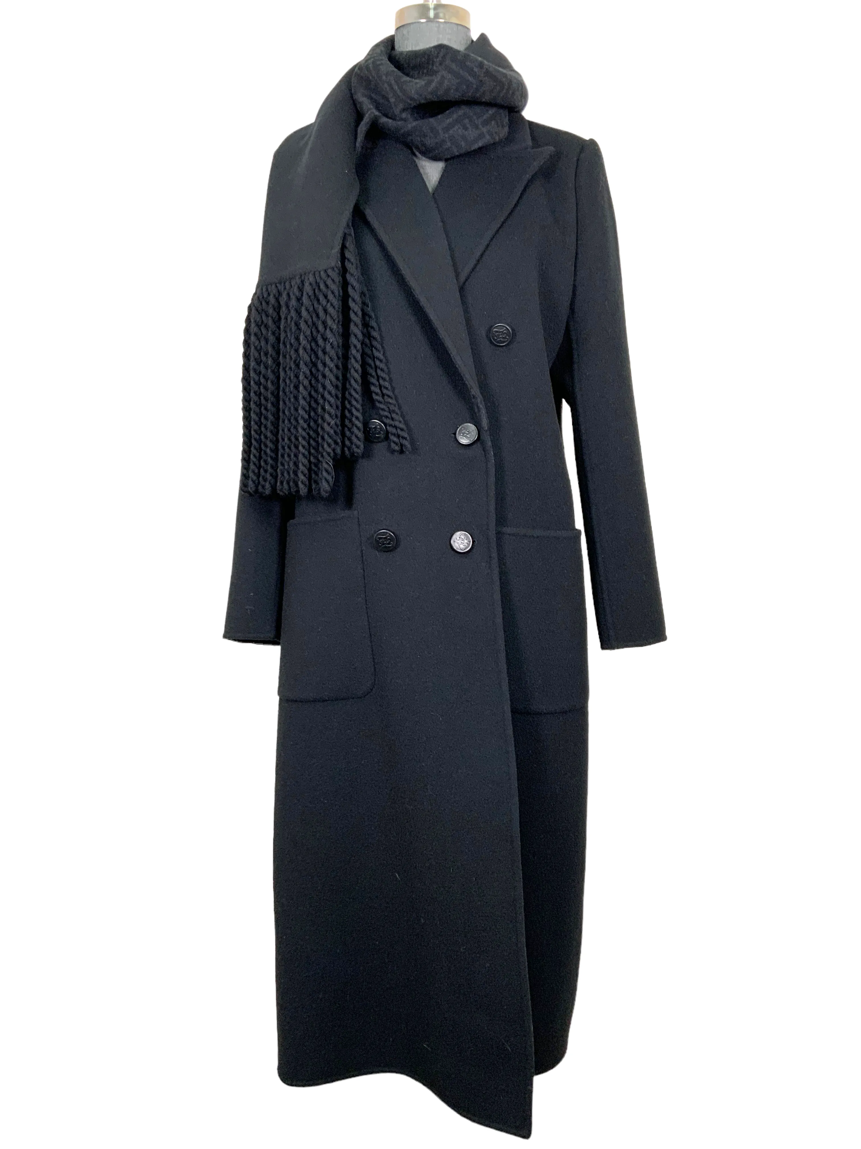 FENDI Wool Long Coat with FF Logo Belt Size M