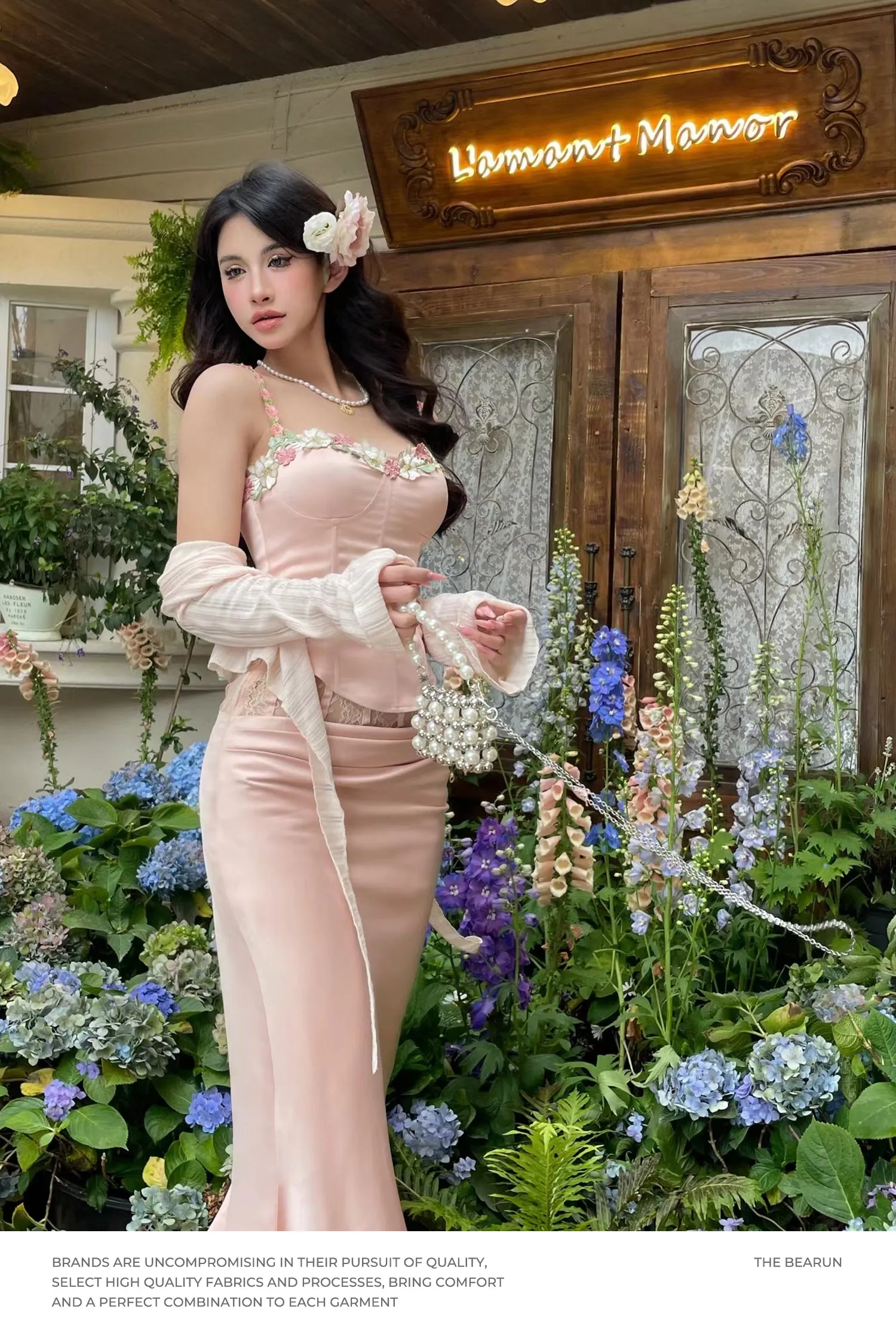 Flora Pink Satin Flower Patch Decor Corset Crop Top + High Waisted Lace Long Maxi Mermaid Skirt, Side Ribbon Decor Mini Skirt, M