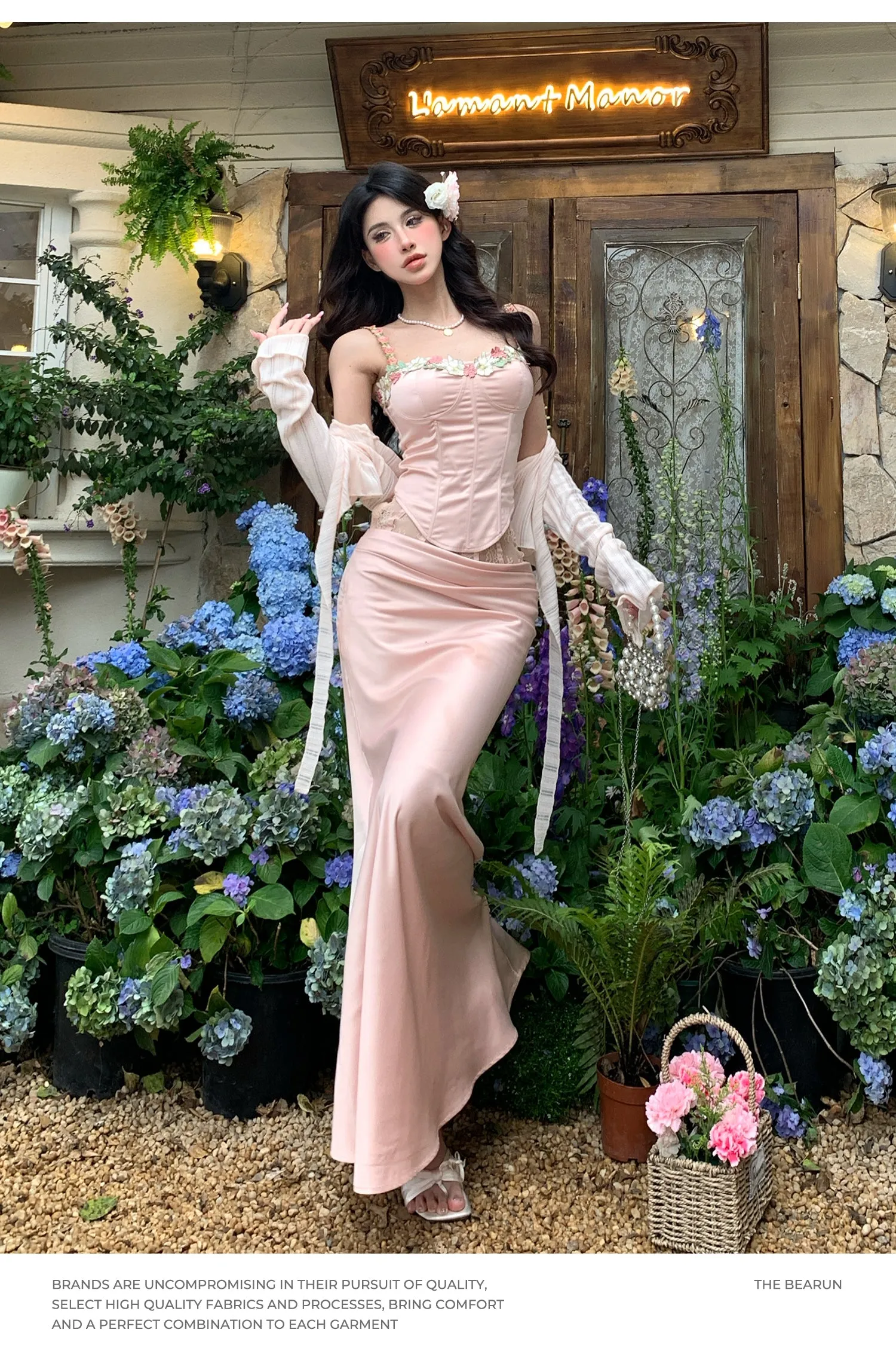 Flora Pink Satin Flower Patch Decor Corset Crop Top + High Waisted Lace Long Maxi Mermaid Skirt, Side Ribbon Decor Mini Skirt, M