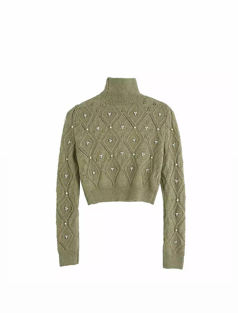 Green Turtleneck Short Sweater With Pearl Beads