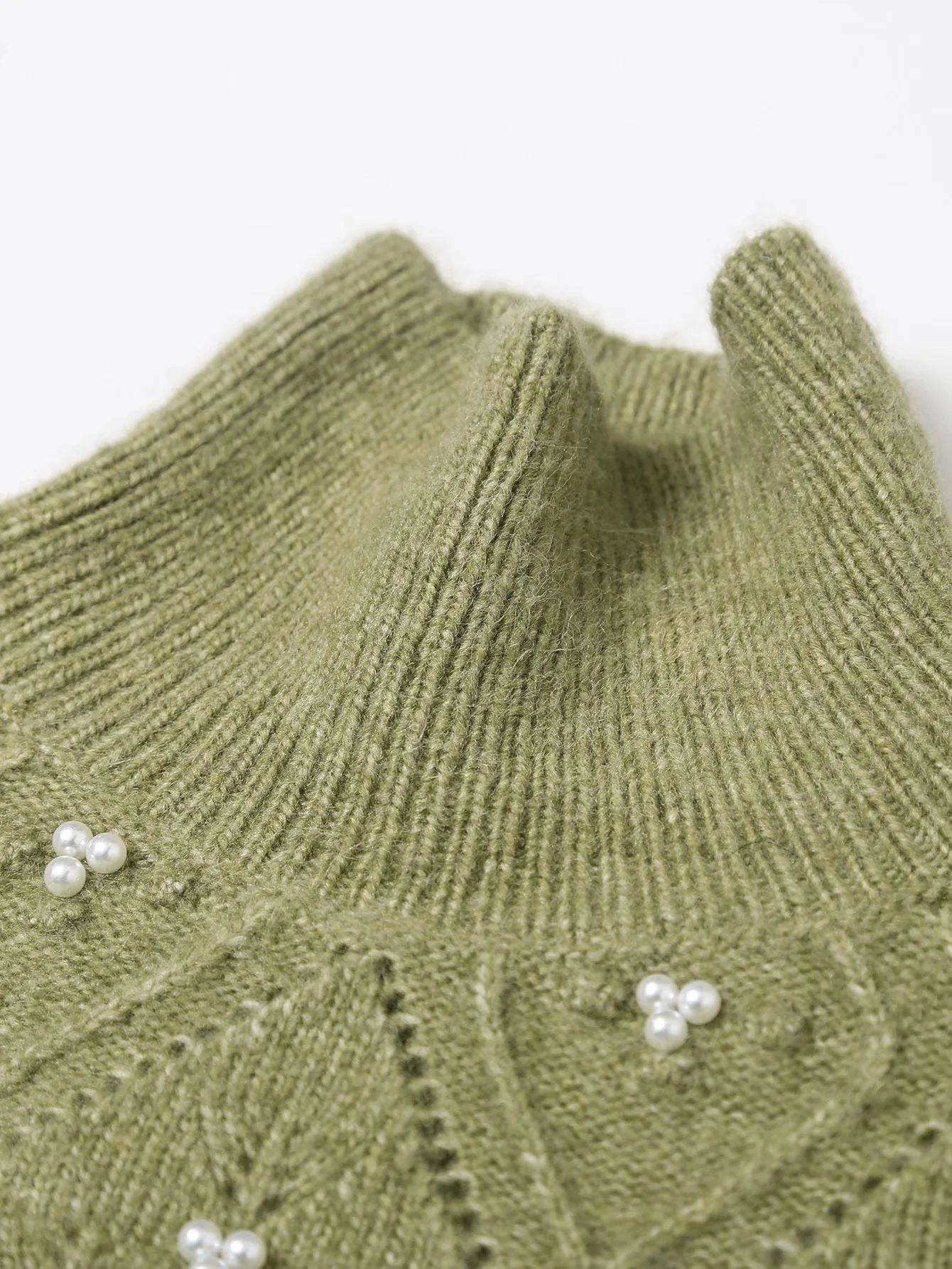 Green Turtleneck Short Sweater With Pearl Beads