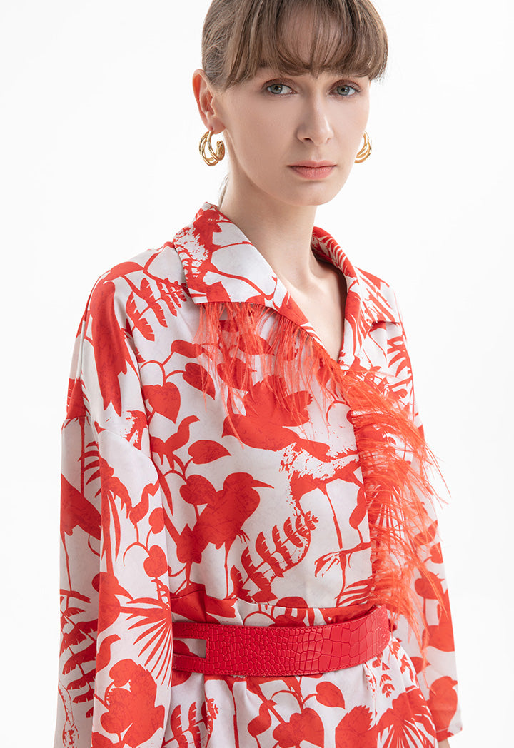 Leaf Printed Shirt With Feather Fringes