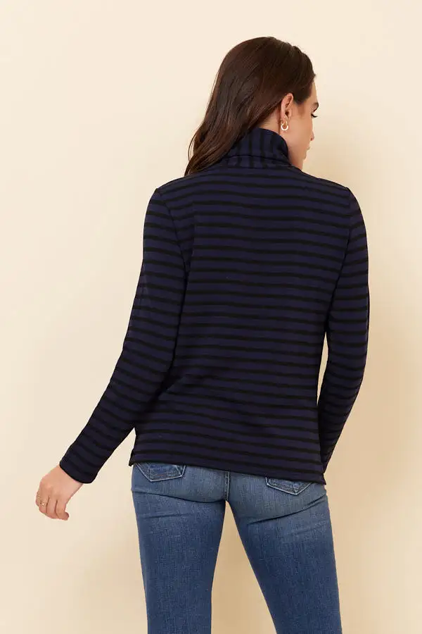 Majestic French Terry Stripe Semi Relaxed Turtleneck in Marine/Noir