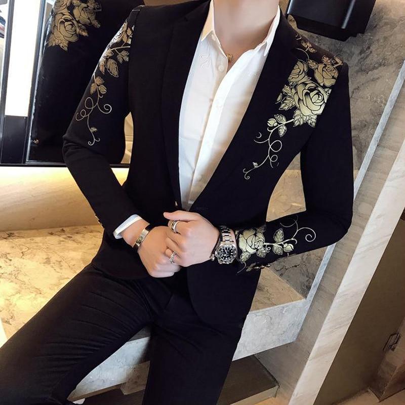 Men Blazer - Floral Gold Print Casual Blazer