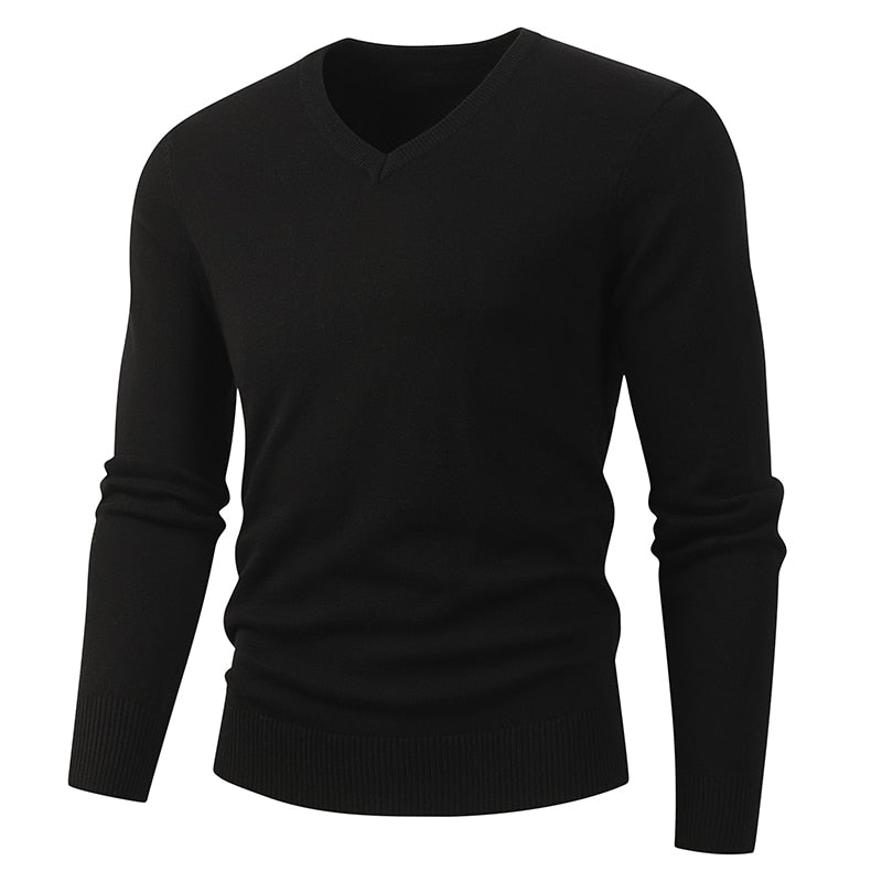 Men's Casual Black Color V Neck Coarse Wool Sweaters Pullover