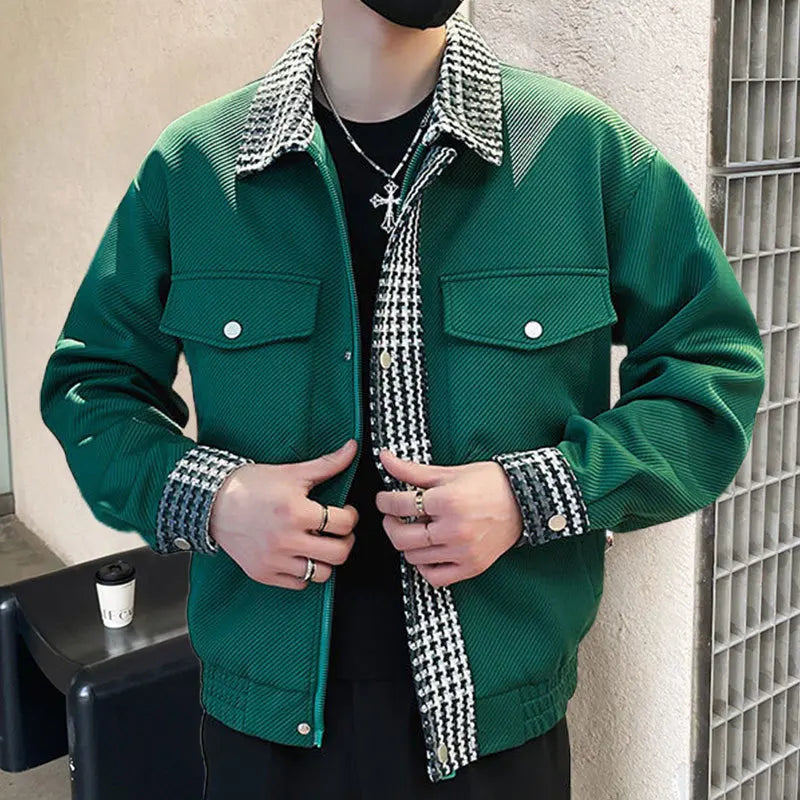 Men's Houndstooth Contrasting Color Pattern Casual Bomber Jacket