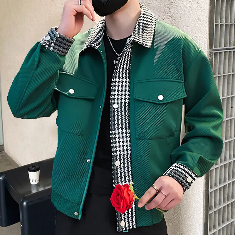 Men's Houndstooth Contrasting Color Pattern Casual Bomber Jacket