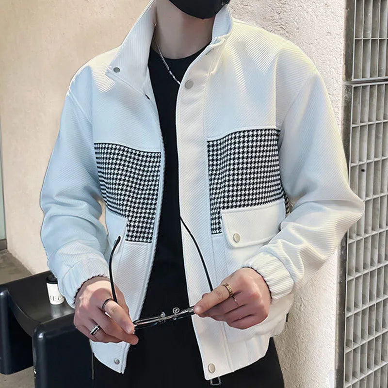 Men's Korean Contrasting Color Houndstooth Pattern Bomber Jacket