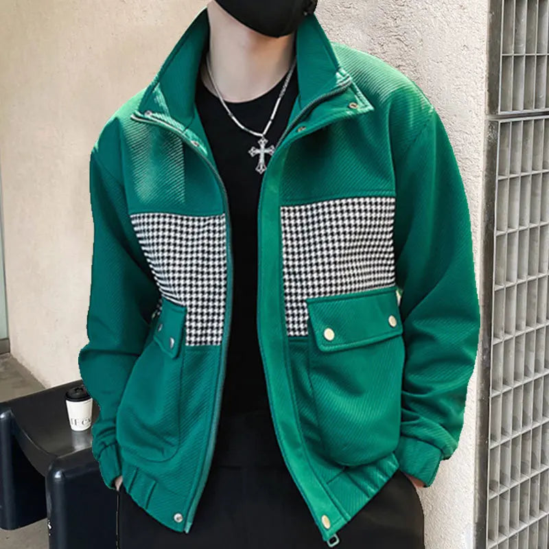 Men's Korean Contrasting Color Houndstooth Pattern Bomber Jacket