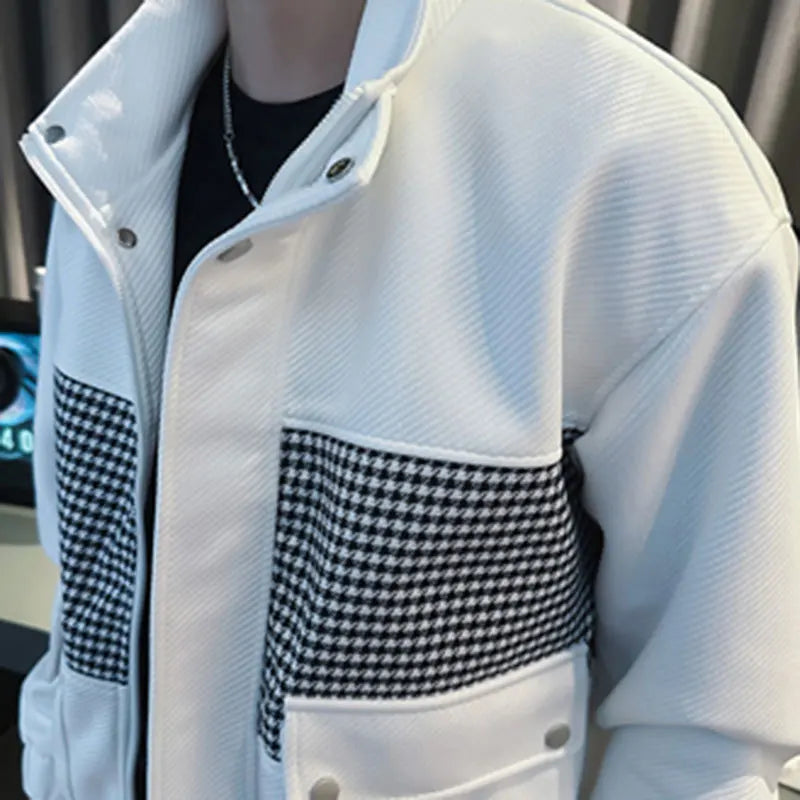 Men's Korean Contrasting Color Houndstooth Pattern Bomber Jacket