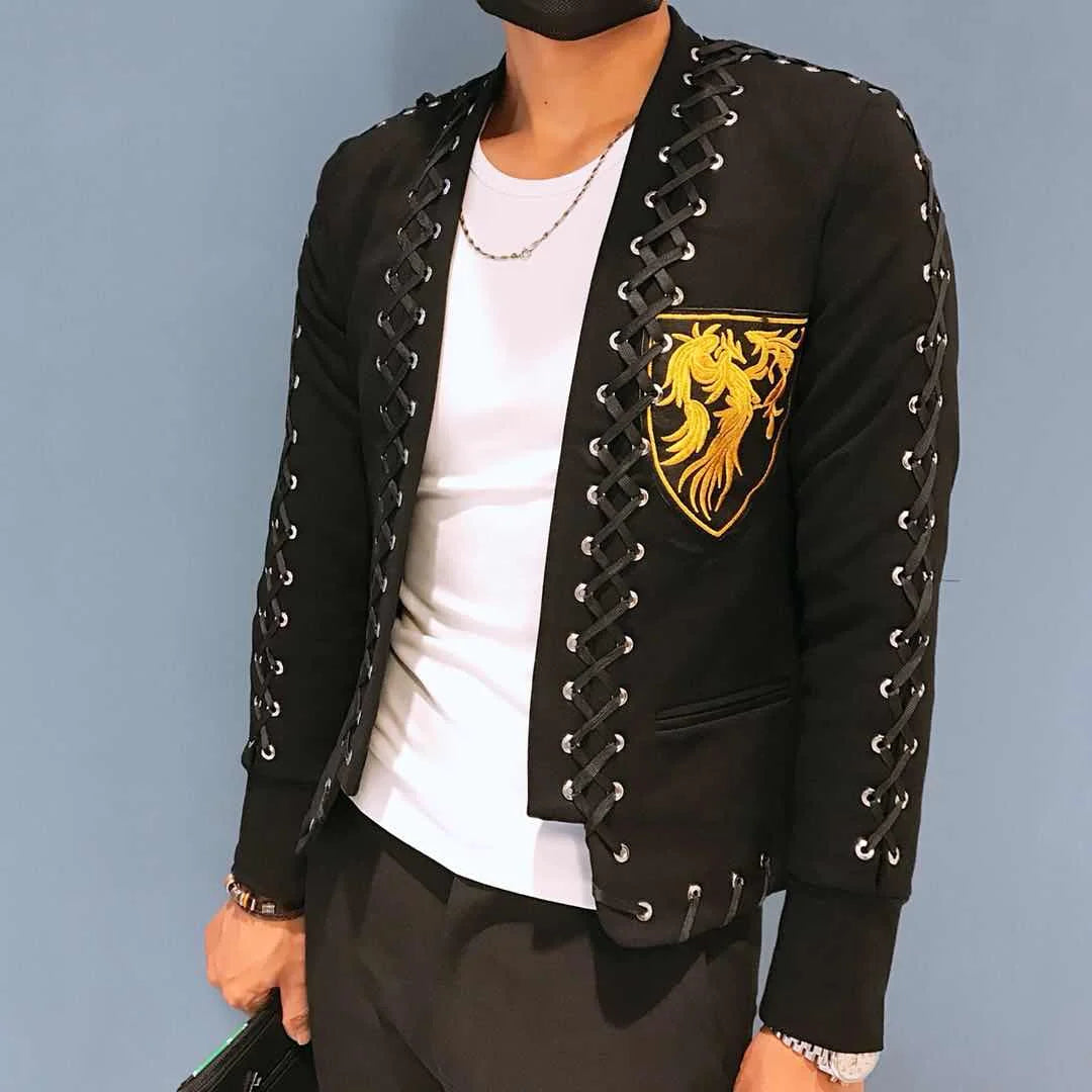 Men's Korean Embroidered Badge Collarless Lace Up Blazer Slim Fit Zipper Pants