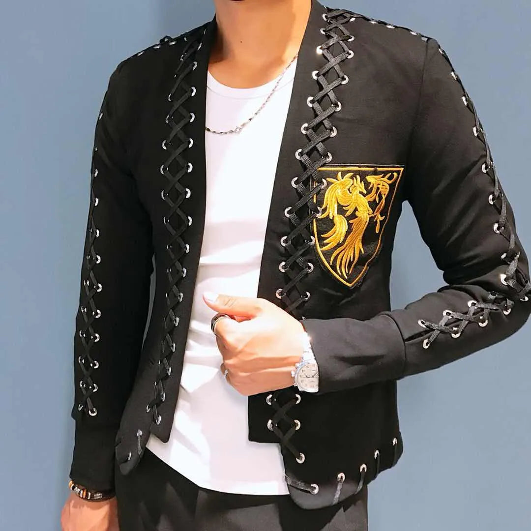 Men's Korean Embroidered Badge Collarless Lace Up Blazer Slim Fit Zipper Pants