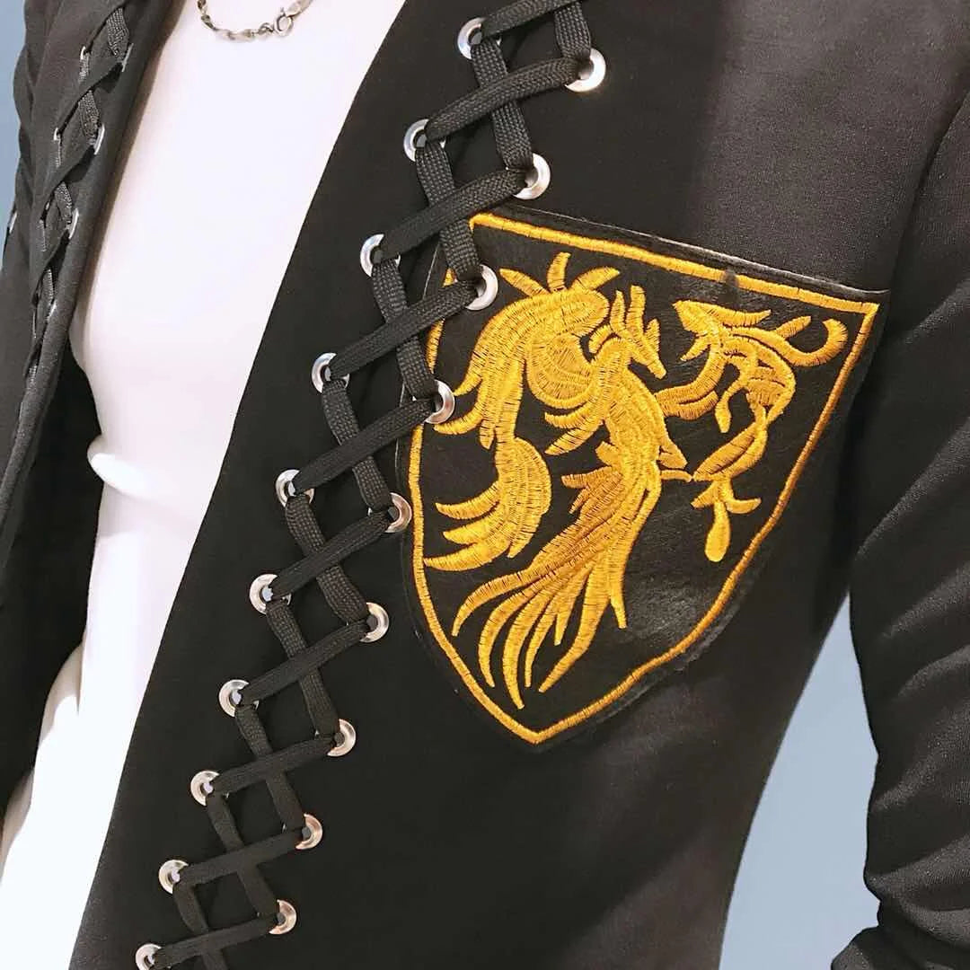 Men's Korean Embroidered Badge Collarless Lace Up Blazer Slim Fit Zipper Pants